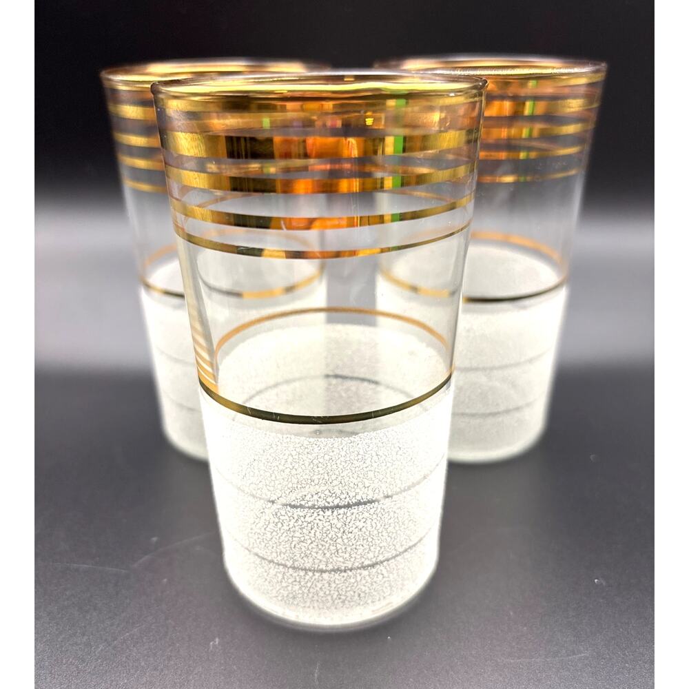 Gold Rimmed Textured Drinking Glasses Set of Three (3) Mid-Century Bar Ware